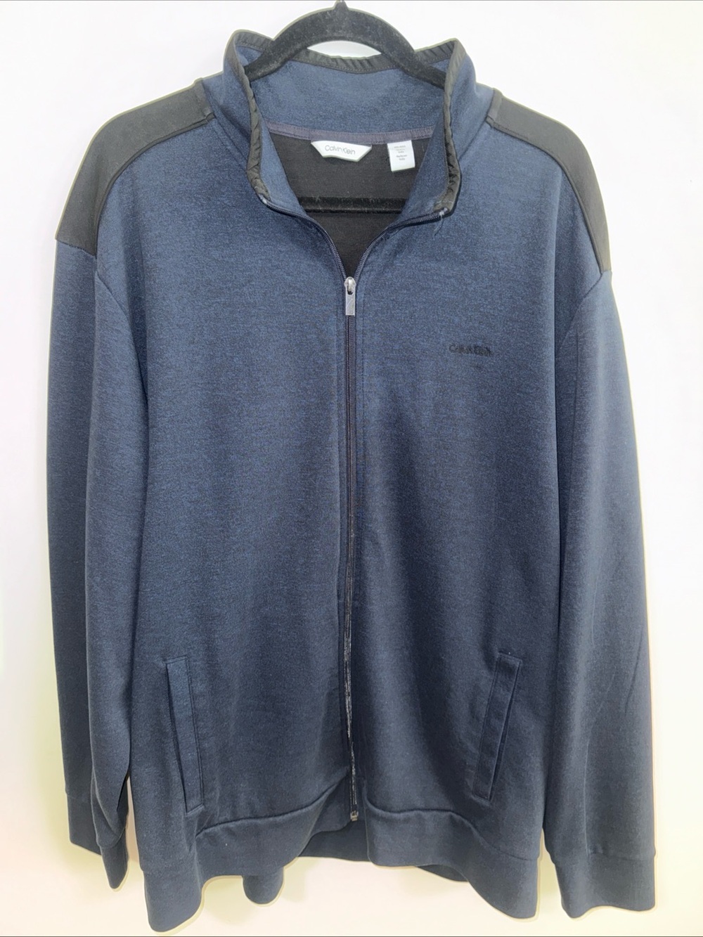 Calvin Klein Men's Navy Zip-Up Sweater with Black Shoulder Panels